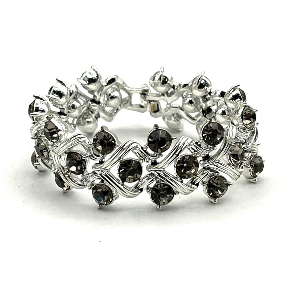 Vintage KRAMER of New York Gray Rhinestone Silver Tone Bracelet 7"